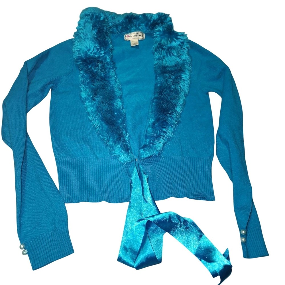 Vintage Y2K One Step Up‎ Teal Cardigan Medium Faux Fur Tie Front Pearl Accents